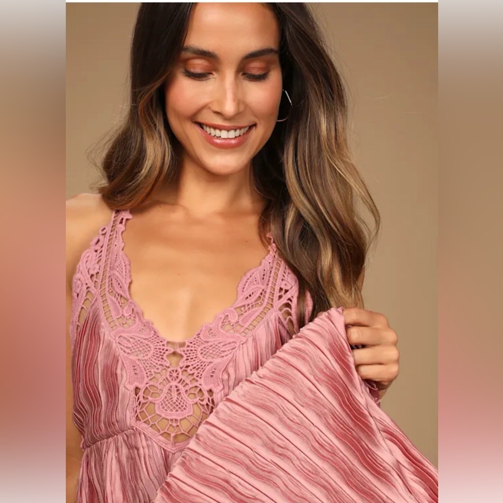 Lulus Alluring Aura mauve crochet lace crinkle backless maxi dress - Picture 2 of 10